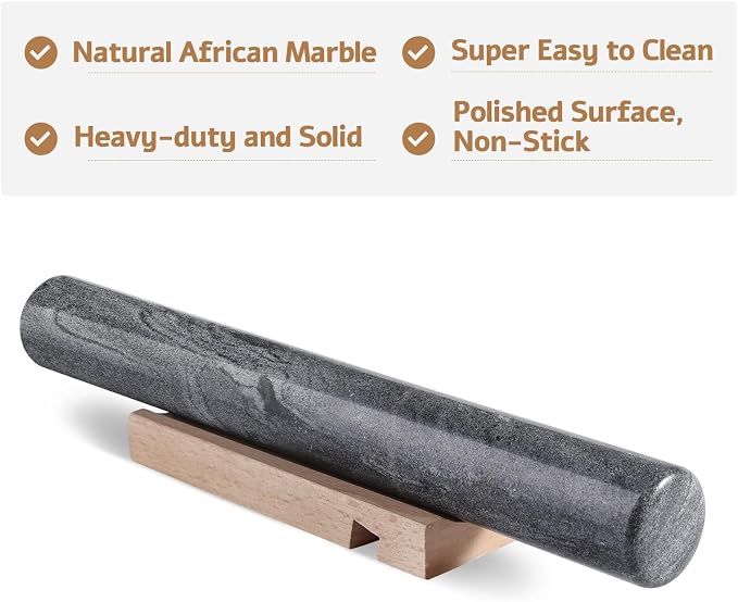 African Natural Marble French Rolling Pin, 12inch Non-Stick Rolling Pin for Baking, Dough Roller for Pasta, Dumpling, Fondant, Pie, Bread, Pizza, Kitchen Baking Tools(Monte Grigio) - Image 3