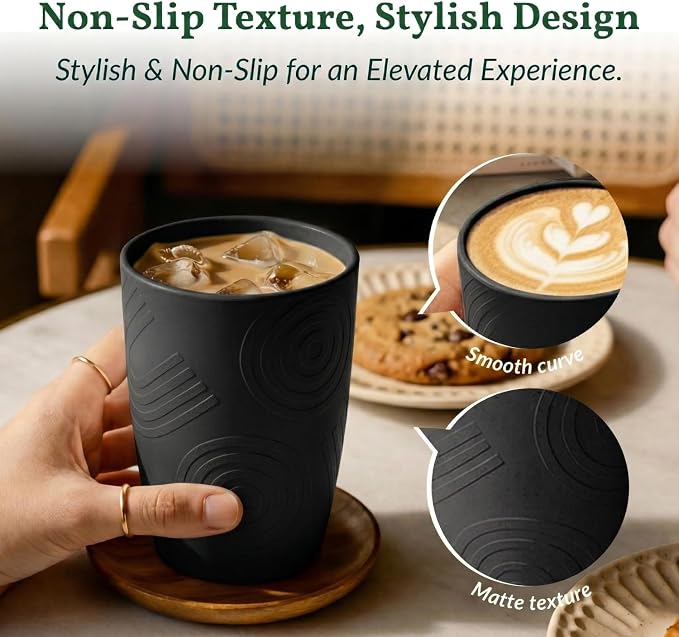Homienly Wheat Straw Drinkware 12oz Unbreakable Drinking Glasses 6-Piece Stackable Kithen Cups Dishwasher and Microwave Safe Cups for Everyday Family Meals, Entertaining-Black - Image 3