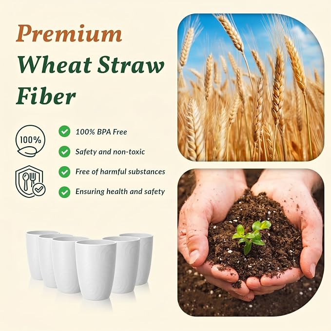 Homienly Kitchen Cups 12 OZ Wheat Straw Drinking Glasses–Unbreakable, Lightweight & Reusable Alternative to Plastic Cups,Dishwasher Safe Cups for Kitchen & Outdoor Use (White, 6 PCS) - Image 4