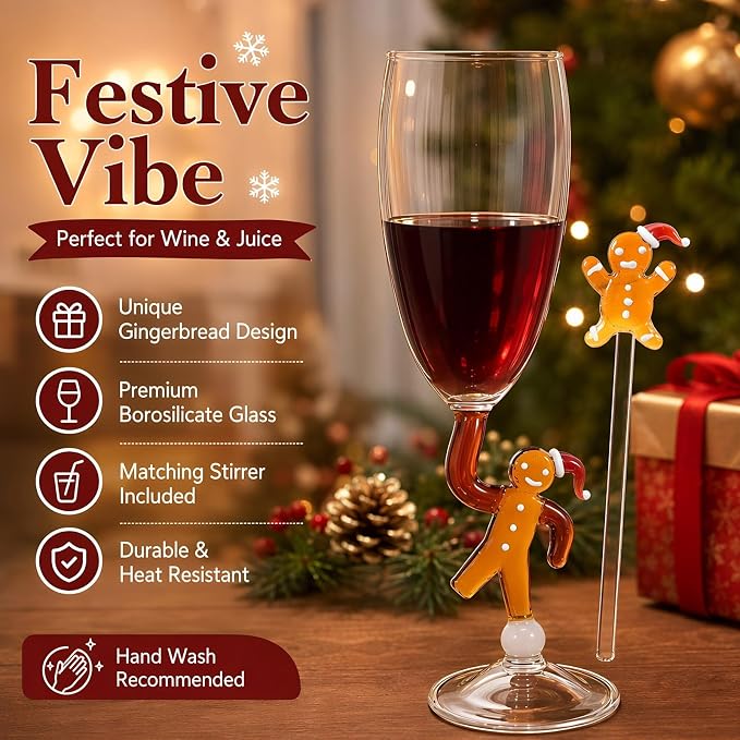 Festive Wine Glass with Stirrer, 7oz Gingerbread Man Glass Cup | Decorative Christmas Stemware for Holiday Tableware Cocktail Juice Red Wine, Winter Glassware - Image 8