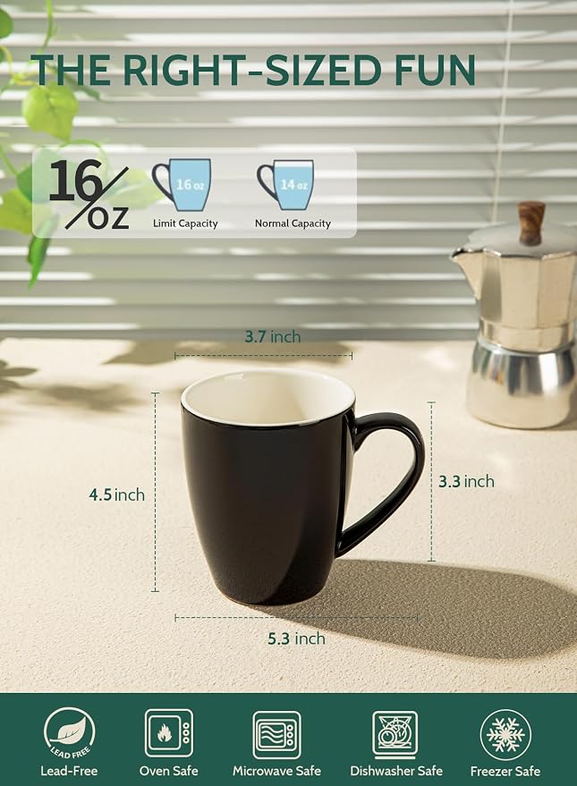 Sweese Porcelain Coffee Mugs - 16 Ounce (Top to the Rim) for Coffee, Latte, Tea, Cocoa, Set of 4, Black - Image 2