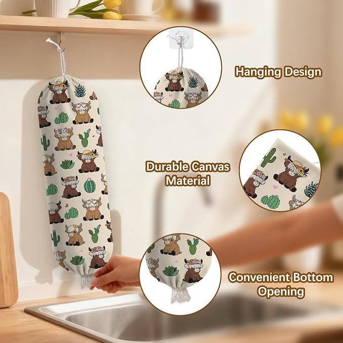 Plastic Bag Holder Highland Cow Bag Holder Dispenser, Plastic Grocery Bag Organizer & Wall Mount Paper Trash Bags Saver Storage for Kitchen Home Pantry Decor, Fun Farmhouse Decor - Image 3