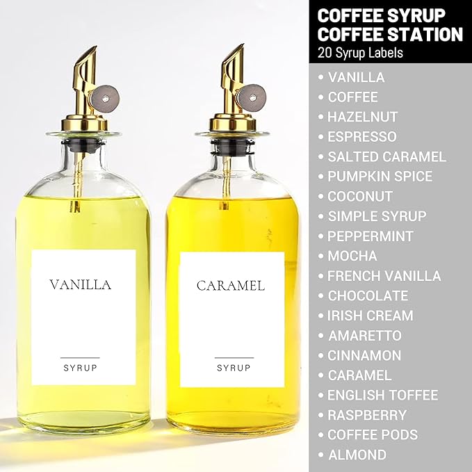 Set of 3 Coffee Syrup Glass Dispenser Bottles 16.23oz Pump Bottles with 20 Labels for Coffee Bar Organization