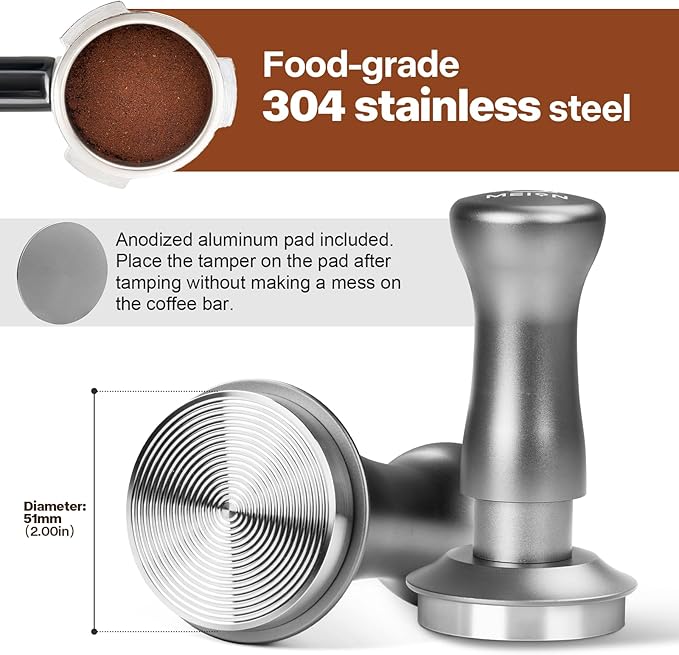 MEION Espresso Tamper 51mm Coffee Tamper, Calibrated Dual Spring Loaded Barista Tamper with Stainless Steel Base, Comes with aluminum storage pad (51MM, Silver)