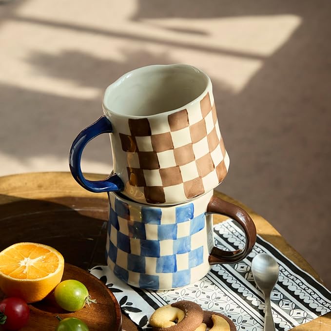 Retro Checkered Ceramic Coffee Mug 16Oz - Extra Large Handle, Microwave Safe Vintage Patterned Tea Cup for Home-2pack - Image 7