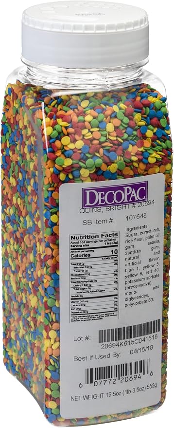 DECOPAC Quins Fancy Sprinkles, 19.5oz, Candy Sprinkles in Handheld Container, Edible Sprinkles For Celebration Cakes, Cupcakes, Cookies - Bright Confetti Quins by Decopac