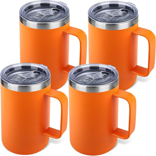 22oz Insulated Coffee Mug with Handle & Leak-Proof Lid - Double Wall Stainless Steel Travel Tumbler Bulk for Commute/Office/Home, Orange, 4 Pack by Unknown