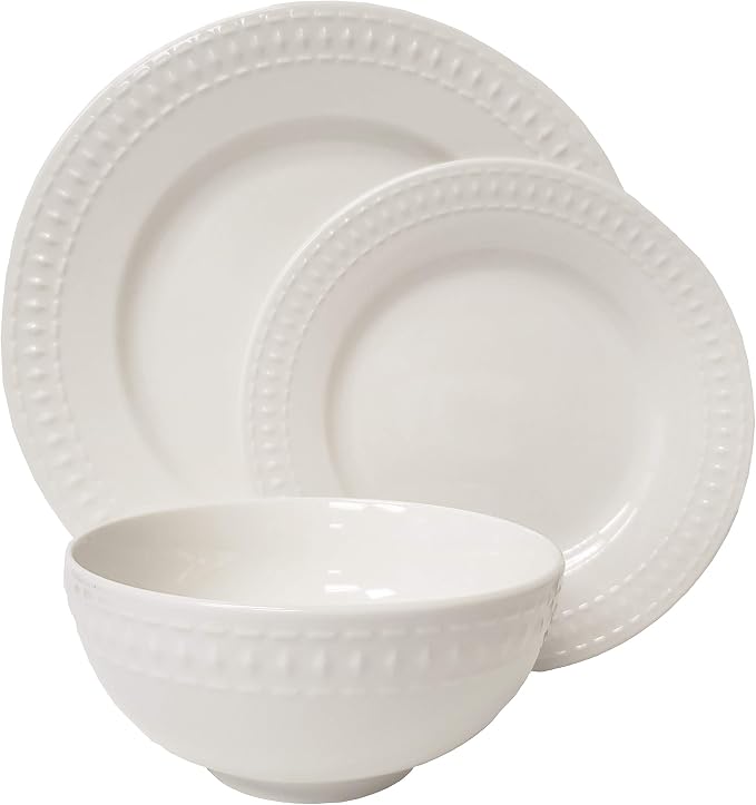 Tabletops Gallery Embossed White Porcelain Round Dinnerware - Bloom 12 Piece Dinnerware Set by TabletopsGallery