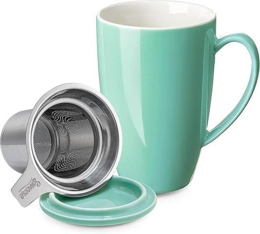Sweese 15oz Porcelain Tea Mug with Infuser and Lid – Microwave Safe, Ergonomic Handle, Lead-Free Glaze, for Loose Leaf Tea Mint Green; by Sweese