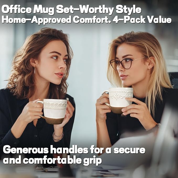 Artena Ceramic Coffee Mugs Set of 4, 16oz Embossed Large Latte Mugs Coffee Cups with Handle for Tea, Latte, Cappuccino & Cocoa, Milk Dishwasher & Microwave Safe, White (Damask Floral) - Image 6