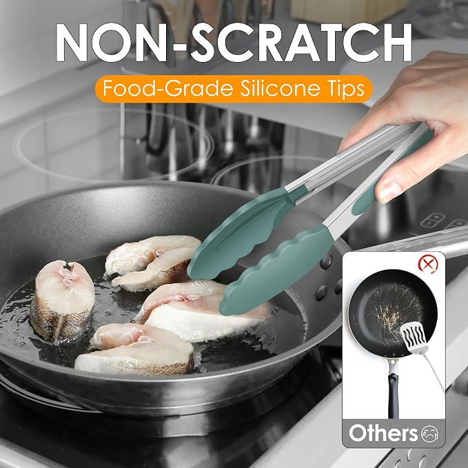 HOTEC Premium Stainless Steel Locking Kitchen Tongs with Silicon Tips, Set of 2-9" and 12", Sage Green - Image 4