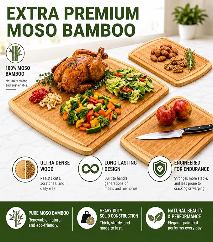 Greener Chef Luxury XL Bamboo Cutting Board Set of 3 with Vertical Grain Strength Technology - Extra Large Wood Cutting Boards for Kitchen and Lightweight Chopping Board Set - Replacements for Life - Image 3