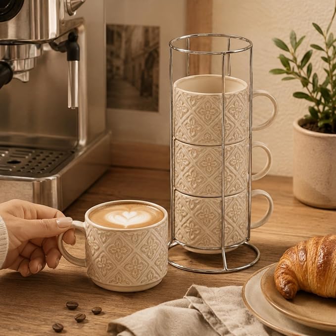 6 Oz Coffee Cups with Stand, Stackable Espresso Cups Set of 4, Ceramic Cappuccino Cup, Embossed Coffee Mugs for Latte, Cocoa, Mocha, Tea, Housewarming Wedding Present, Dishwasher Safe - Image 4