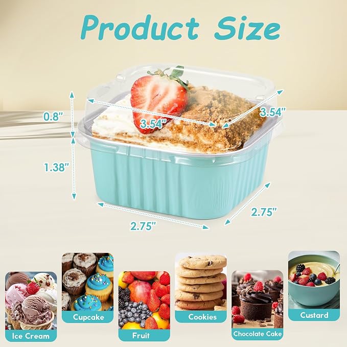 Mini Square Baking Cups with Lids, 50 Pcs 5oz Blue Aluminum Foil Cupcake Tins with Lids, Disposable Ramekins Flan Cake Pans Tins for Souffle, Dessert, Valentine, Wedding, Party Small Cake Containers - Image 5