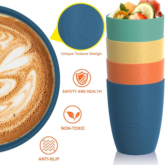 Homienly Plastic Cups Alternative Wheat Straw Drinking Glasses 4-Pack | 12 oz Unbreakable & Reusable Plastic Cups, Microwave Safe | Everyday Kids Tumblers & Kitchen Accessories (Multi-Color) - Image 3