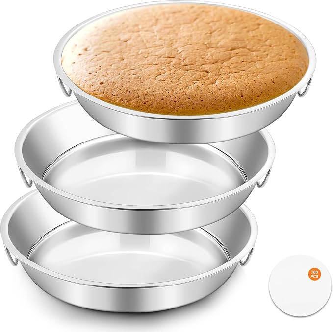 BEWOS 103 Pcs 7.4" Round Cake Pans - Nonstick Stainless Steel Cake Pans with 100 Pcs Parchment Paper, Non-Toxic Cake Baking Pans with Handles, Mirror Finish & Dishwasher Safe by BEWOS