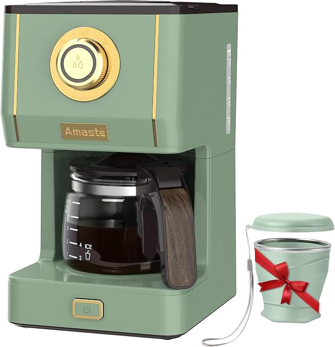 Amaste Drip Coffee Maker, Coffee Machine with 25 Oz Glass Coffee Pot, Retro Style Coffee Maker with Reusable Filter & Three Brewing Modes, Collapsible Silicone Coffee Cup,Warming Plate, Matcha Green by Amaste