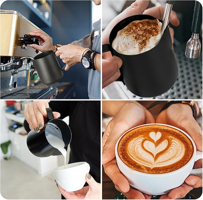 Milk Frothing Pitcher,Milk Steaming Frother Cup,Barista Cappuccino Latte Art Milk Jug with Decorating Pen,Stainless Steel Espresso Coffee Bar Accessories Tools (Black, 12oz)