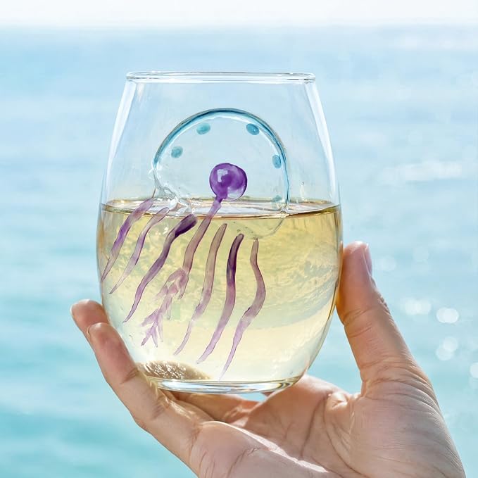Ocean Themed Jellyfish Hand-Blown Coastal Glassware for Gifts | Ocean Themed Octopus Glassware Hand Blown Coastal Stemless Wine Glasses—Unique Coastal Decor Gift for Ocean Lovers - Image 7
