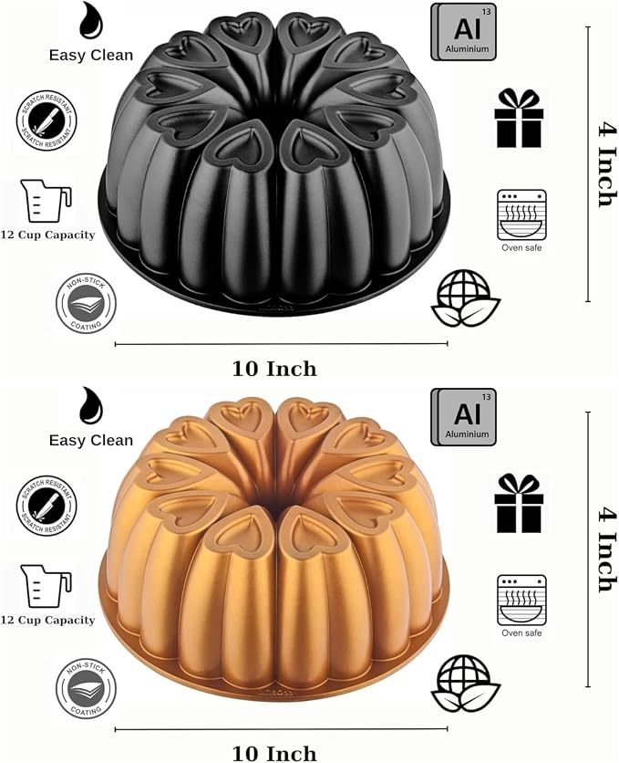 Heart Shape Aluminum Cake Pan, Titanium Coating, Non-Stick, 12 Cups, Gifts for Mom, 10 Inch Baking Mold, Cast Aluminum Fluted Tube Pan, Easy to Clean (2-Pack, Black-Gold) - Image 2