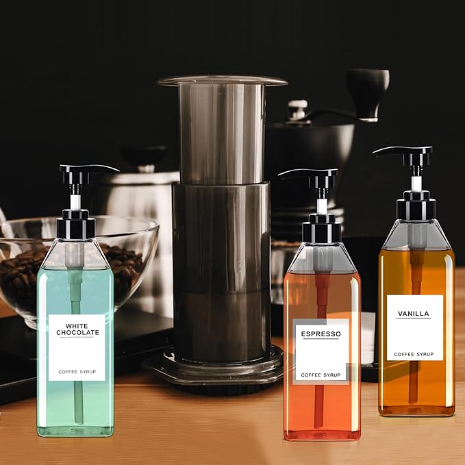 Nuogo 6 Pcs Coffee Syrup Dispenser Set 300ml, 500ml, 750ml Black Syrup Bottles with Pump Dispenser 27 Labels Kitchen Accessories(11.8 oz)