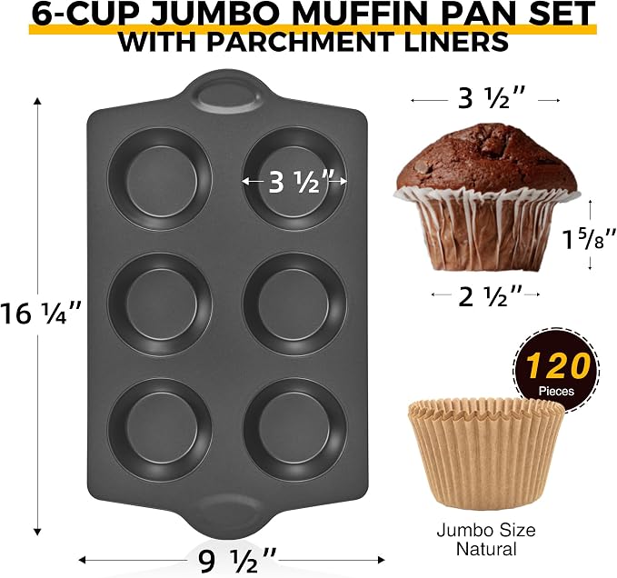 Nonstick Jumbo Muffin Pan, 2 Pack Large Cupcake Tin with 120pcs Muffin Liners, Cup Cake Tray for Baking, 3.5dia, 6 Cup, Premium, Extra Thick - Image 7