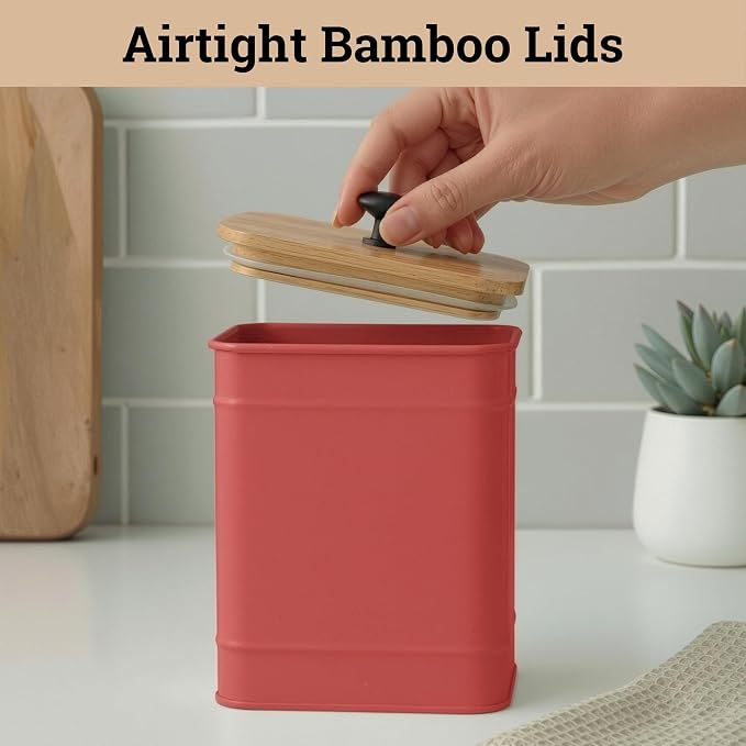 Kitchen Canisters for Countertop Set of 4 w/ Chalkboard Labels & Marker Pen | Airtight Easy Open Bamboo Lids, Dent-Resistant Thick Metal, Customizable Chalkboard Labels, Marker Pen Included, Set of 4 - Image 4