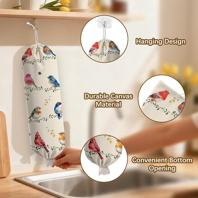 Bird Plastic Bag Holder, Wall Mount Organizer Reusable Hanging Canvas Grocery Bags, Bird Hanging Plastic Bag Dispenser for Kitchen Home Pantry Decor, Birds Shopping Bags Storage Dispenser - Image 3