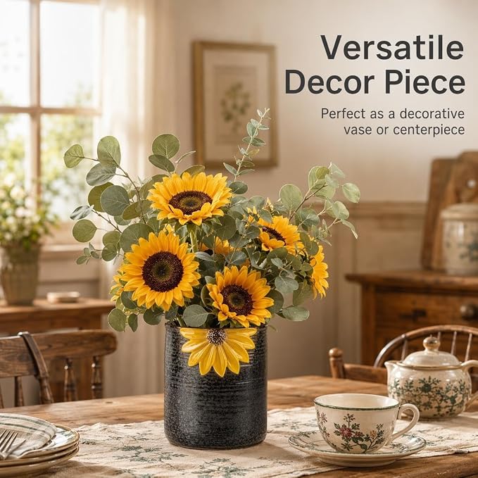 Ceramic Utensil Holder Sunflower Kitchen Utensil Crock Flower Vase Decor | Reactive glaze ceramic utensil holder countertop farmhouse with 3D yellow sunflower relief, cork base, ribbed anti-slip grip. - Image 7