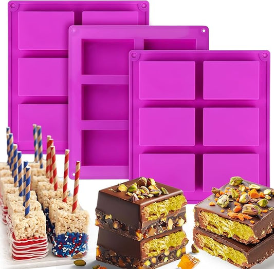 Palksky Rice Snacks Molds for Rice Krispies Treats Baking, 3pcs 6-Cavityrice Cereal Bars Trays for Crispy Treat Making, Candy Making Supplies for Chocolate Brownie Cornbread Pudding Butter Mould