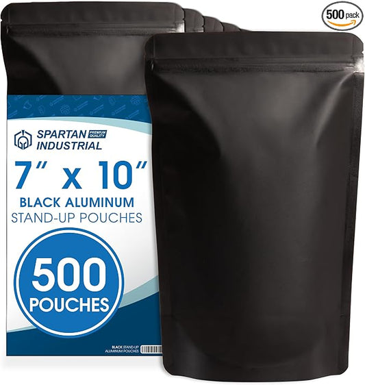 7" X 10" Matte Black Stand-Up Pouches - 500 Count Smell-Proof Mylar Bags | for Food Storage With Heat Sealable Opening and Resealable Zipper - Spartan Industrial by SpartanIndustrial