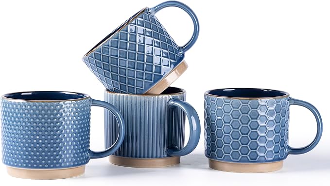 GBhome 6 OZ Stackable Coffee Mugs Set of 4, Ceramic Coffee Cups Set | 4 Assorted Designs, Embossed Mugs with Texture Patterns for Espresso/Tea, Dishwasher&Microwave Safe, Blue by GBhome