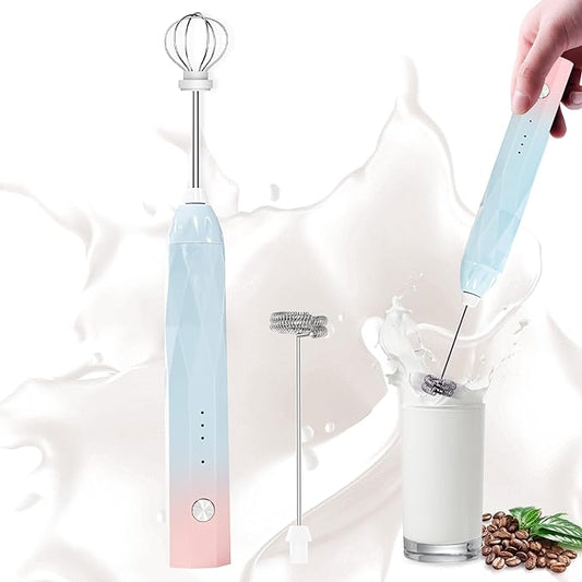 Milk Frother Rechargeable Handheld Electric Whisk Coffee Frother Mixer with 2 Stainless whisks 3 Speed Adjustable Foam Maker Blender for Coffee Matcha Latte Cappuccino Hot Chocolate (BluePink)