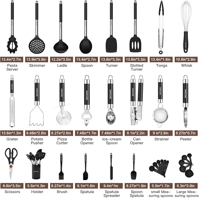 Kitchen Utensils Set-Silicone Cooking Utensils-32 pcs Non-Stick Silicone Cooking Kitchen Utensils Spatula Set with Holder-Best Kitchen Cookware with Stainless Steel Handle (Black) - Image 2