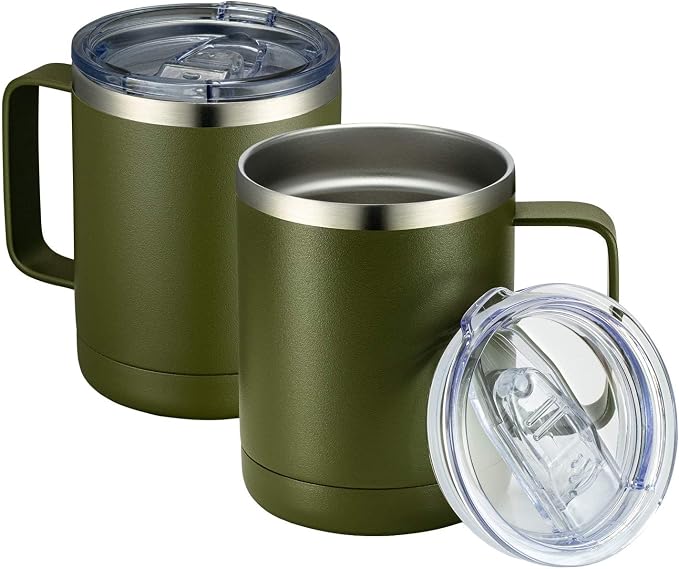 MEWAY 12oz Coffee Mug With Handle 2 Pack Bulk,Stainless Steel Insulated Travel Tumblers With Sliding Lid,Double Wall Vacuum Camping Cup for Hot & Cold Drinks Tea (Army Green,Set of 2) by MEWAY