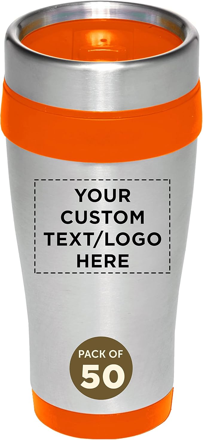 Custom Insulated Stainless Steel Travel Mugs 16 oz. Set of 50, Personalized Bulk Pack - Perfect for Coffee, Soda, Other Hot & Cold Beverages - Orange