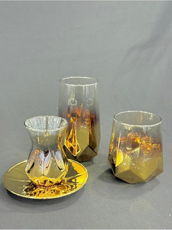 SODEF Titanium Coated 24 Piece quality Glassware Set - 6 Tall Glasses + 6 Short Glasses + 6 Tea Glasses, Yellow Color - Yellow by Unknown