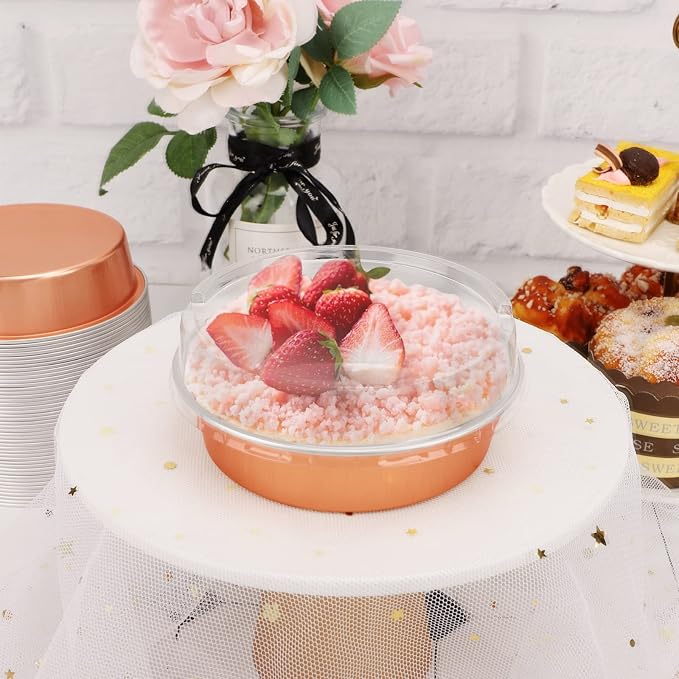 Beasea Mini Tart Pans, 8 Oz, 100 Pack, Rose Gold Aluminum Pie Pan Cartoon Tin Tart Pans, Round Oven Baking, 4 Inch - Image 5