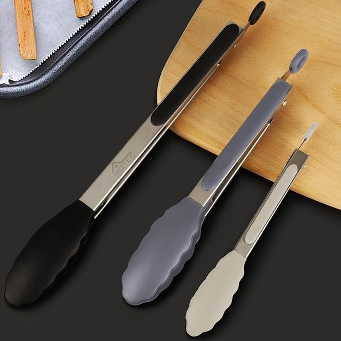 HOTEC Premium Stainless Steel Locking Kitchen Tongs with Silicon Tips, Set of 3-7", 9" and 12", Black, Grey, White - Image 6