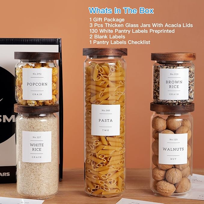 5 Set Glass Pantry Storage Jars with Acacia Airtight Lid - Thicken Glass Kitchen Canisters with 132 Pantry Labels - Clear Glass Food Storage Containers with Wood Lid for Tea,Sugar,Candy,Cookie,Pasta - Image 2