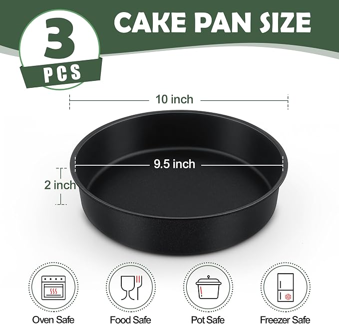 E-far 9.5 Inch Cake Pan Set of 3, Nonstick Round Baking Layer Cake Pans, Stainless Steel Core & Non-Toxic Coating, 2 Inch Deep (Black) - Image 2
