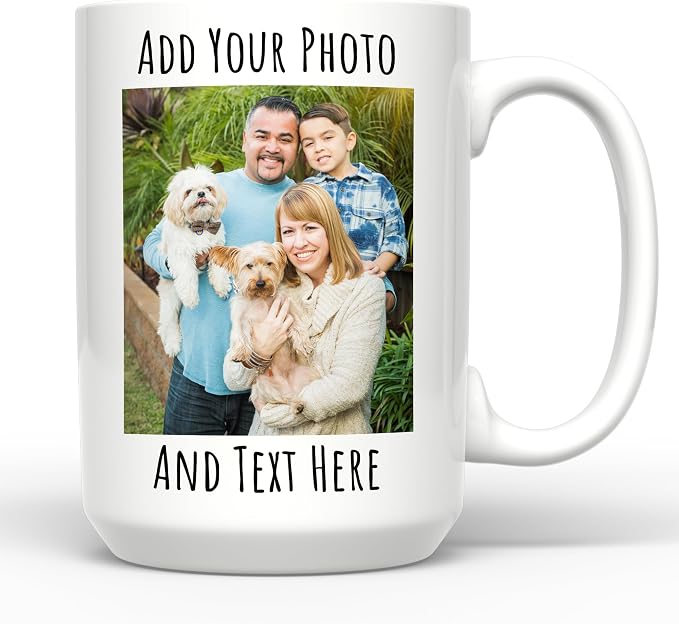 Personalized Coffee Mug 15 Oz, Custom Picture Text or Logo Ceramic Mug, Customized Gift for Men & Women, Taza Personalizada with Photo and Words, Customizable Large Tea Cup | White by Giftbees
