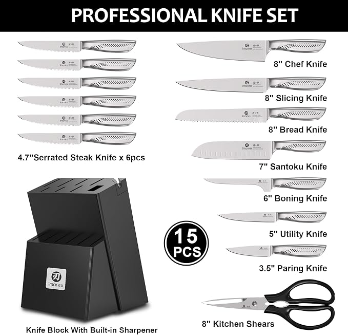 imarku® Kitchen Knife Set, 15 Pcs Japanese Knife Set with Block, Premium Razor-Sharp Chef Knives Set for Kitchen with Sharpener, Rust-Proof, Ergonomic Full-Tang Handle, Black - Image 2