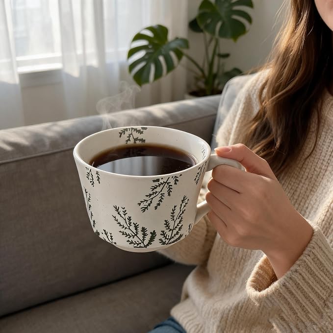 4 Pack Speckled Ceramic Coffee Mugs, 12oz Vintage Green Fern Leaf Large Tea Cups, Rustic Handmade Style Drinking Mugs for Coffee Tea Cocoa Milk, Dishwasher Microwave Safe, Housewarming Gift Set - Image 5