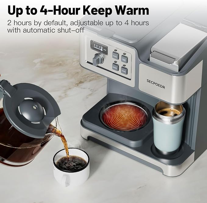 2-Way 12-Cup Programmable Brewer Coffee Maker (Silver) | Compatible with K-Cup Pods & Grounds, Single Serve & Full 12 Cup Pot, 4H Keep Warm, Fast Brewing for Home & Office Use - Image 7
