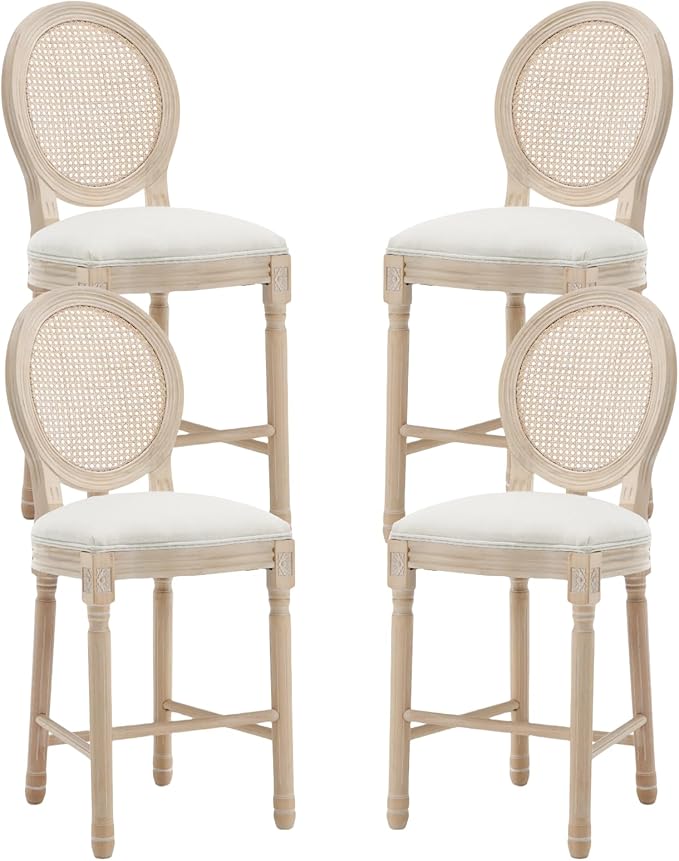 French Country Barstool, Linen Farmhouse Counter Height Chair | Set of 4, with Rattan Round Back and Solid Wood Legs, Oval Chairs for Restaurant, Bar, Kitchen, Café,Beige by RCDDFurniture