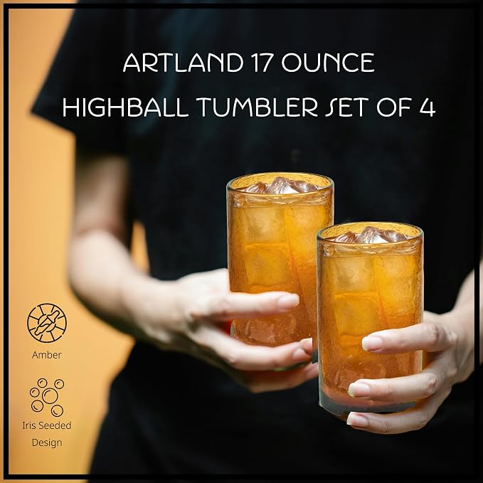 Artland 17oz Highball Tumbler, Set of 4 | Iris Seeded Design, Amber | Drinking Glass for Parties and Everyday Use - Mojito, Whiskey, Cocktail | Glassware & Kitchenware Essentials - Image 2