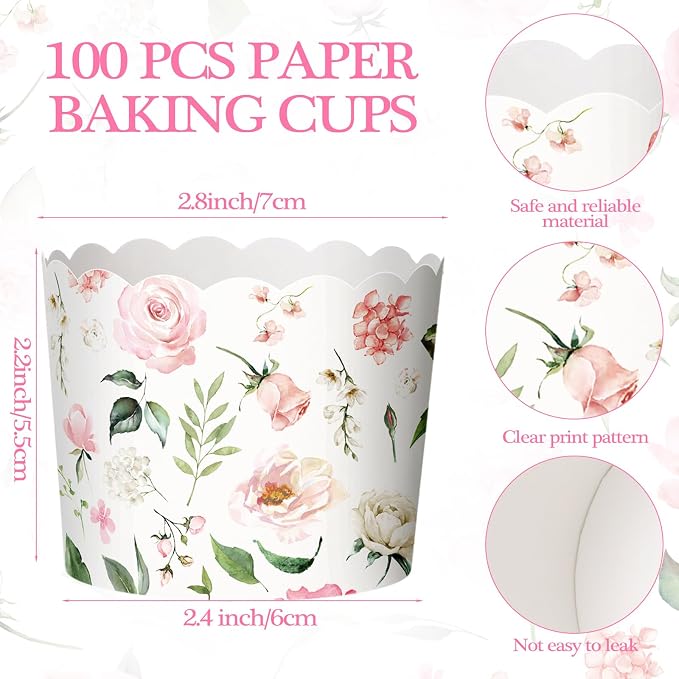 Qinyoung 150 Pcs Pink Floral Cupcake Wrappers Liners Rose Paper Baking Cups Greaseproof Disposable Scalloped Flower Cupcake Muffin Cases for Spring Summer Wedding Baby Shower Birthday Tea Party Decor - Image 2
