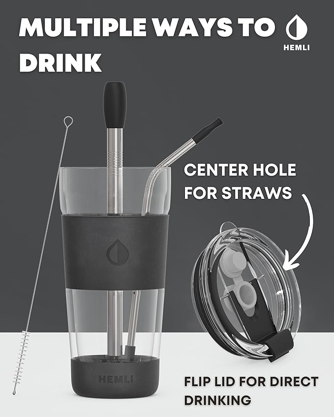 19 oz. Double Wall Glass Coffee Tumbler, To Go Travel Mug with Lid, Portable Glass Thermos with Straw, Reusable Cup, Tea, Smoothies, Ice Coffee, and Boba