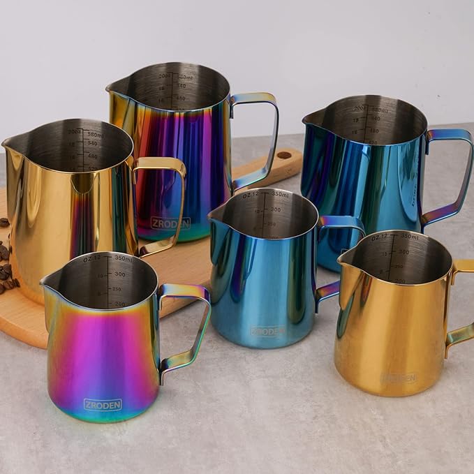 Milk Frothing Pitcher, 20oz Espresso Steaming Pitchers Stainless Steel Milk Coffee Cappuccino Barista Steam Pitchers Milk Jug Cup with Decorating Pen Latte Art, Gold